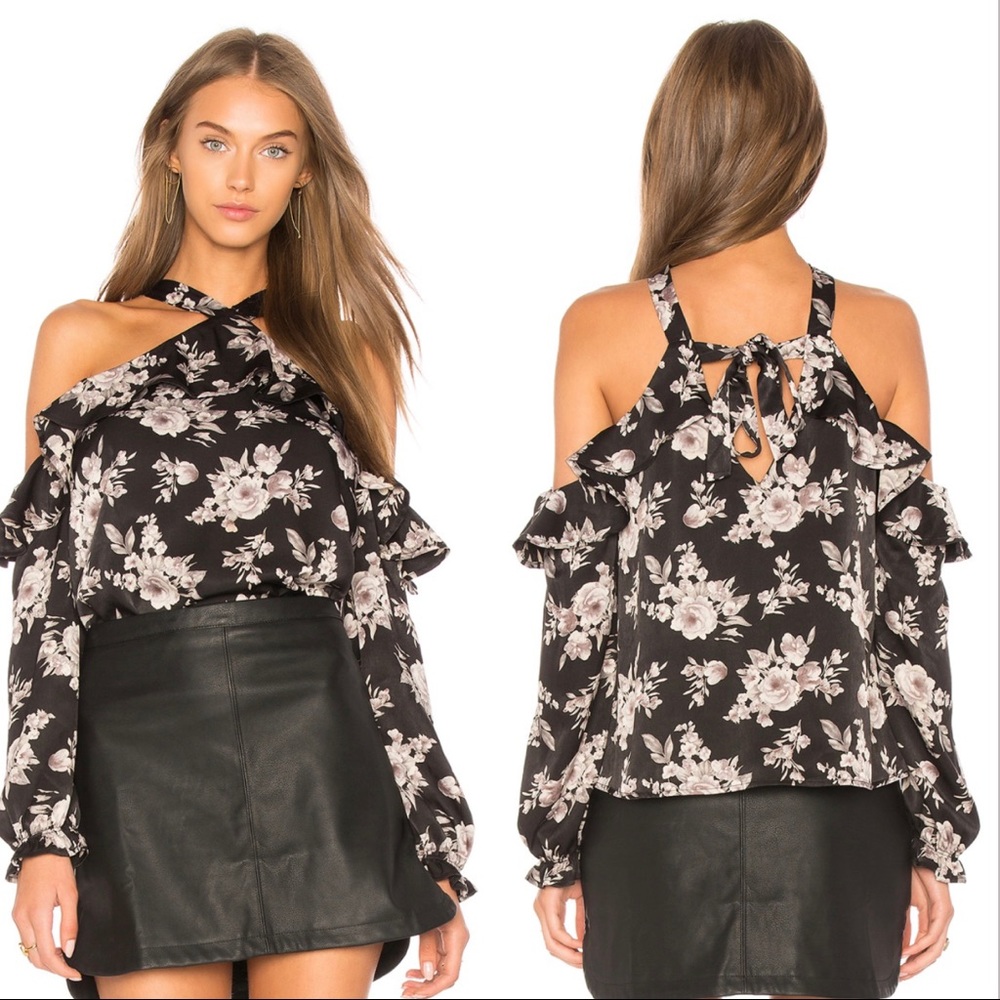 J.O.A. Cold Shoulder Flare top in Black Floral
